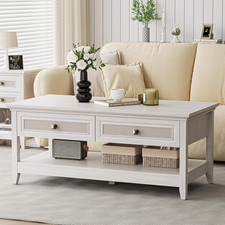 Boho Farmhouse Coffee Table with Rattan Drawers  Storage Shelf, Grayish White