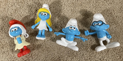 Lot of 4 Smurfs 2016 Burger King 3'' Toy Figures Smurfette (x2), Brainy & Hefty