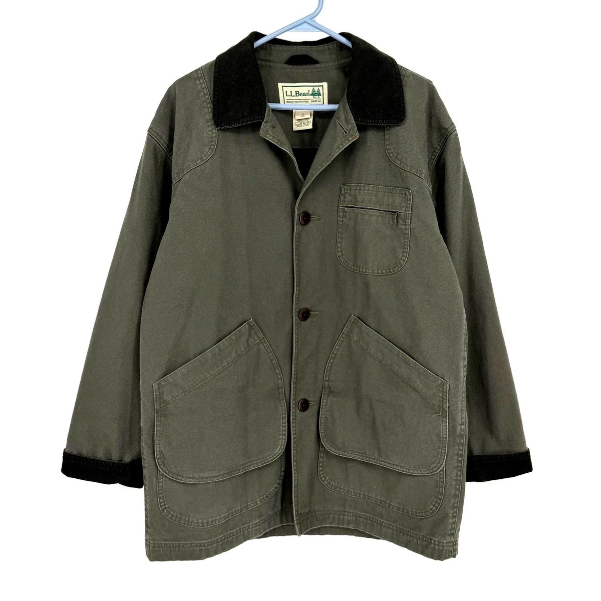 LL Bean Mens Field Coat Barn Jacket Olive Green Corduroy Plaid