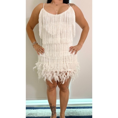 White Ivory Fringe & Feather Trim Mini Dress Size L Sequin Party Bachelorette NY