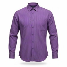 NWT Van Heusen Mens Premium No Iron Purple Striped Dress Shirt Size M 15-15.5