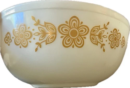 PYREX Butterfly Gold Mixing Bowl White Gold Floral Glass Retro Vintage