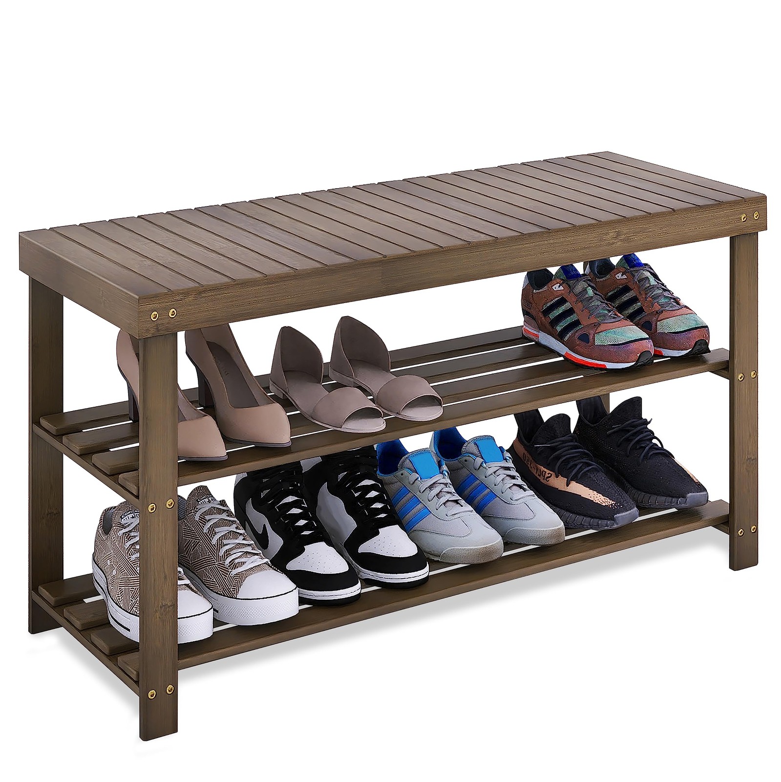 Bamboo Shoe Rack Bench, 3-Tier Shoe Organizer Storage Shelf for Entryway Hall...