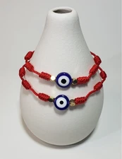 SET of 2 DOUBLE PROTECTION EVIL EYE Red String ADJUSTABLE BRACELETS Good Luck
