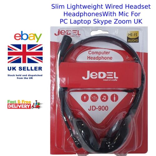 Slim Lightweight Wired Headset Headphones With Mic For PC Laptop Skype ZoomJD900 - Picture 1 of 4