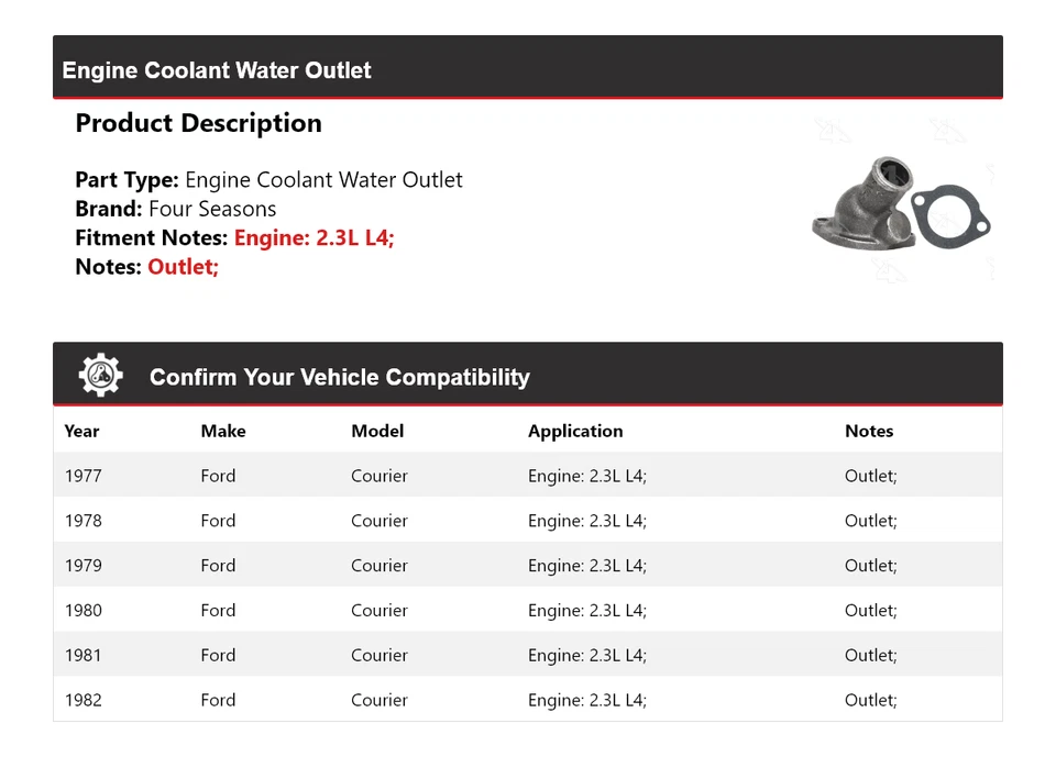 Para Ford Courier 1977-1982 2,3 L motor L4 salida de agua refrigerante 4 estaciones 1978 Foto 2 de 4