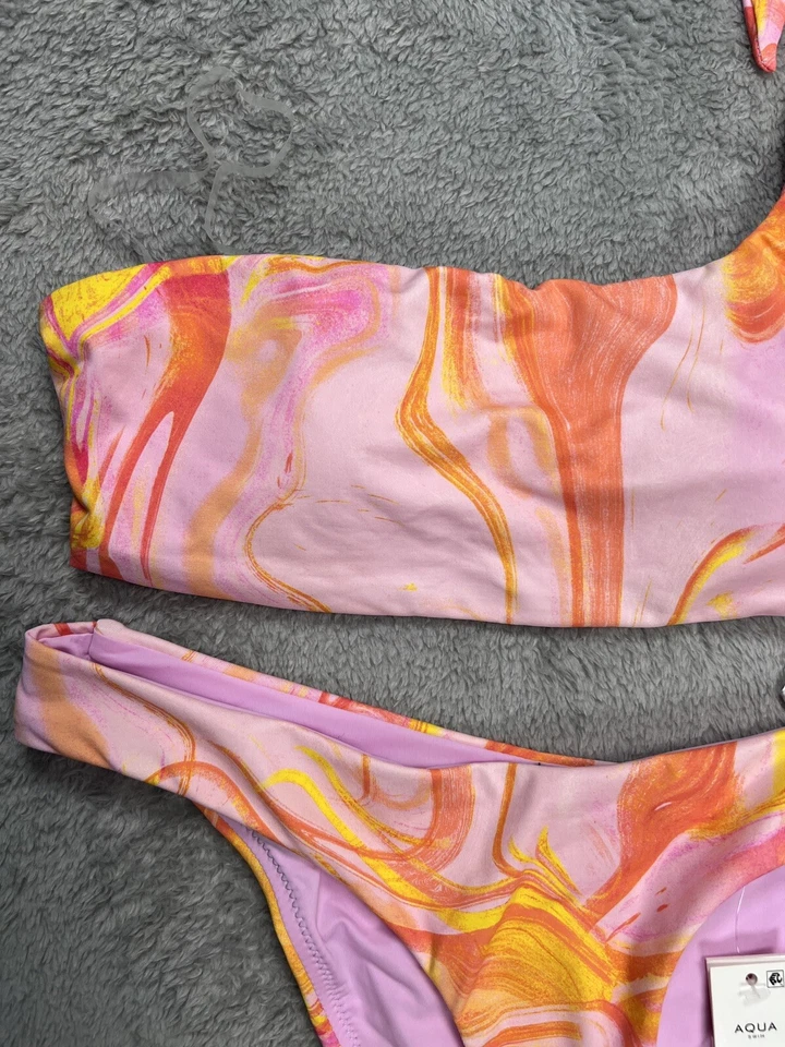 NUEVO CON ETIQUETAS A'qua Conjunto de Bikini de Natación Traje de Baño 2 Piezas 1 Hombro Talla Pequeña Rosa Mármol Foto 2 de 4