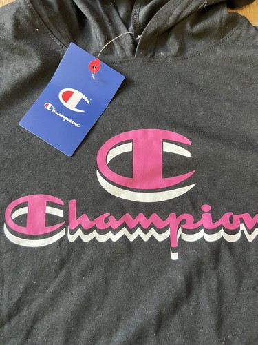 NWT Champion Girls Long Sleeve t Size L Blk & Hot Pink Large Logo Front Pocket - Picture 2 of 4