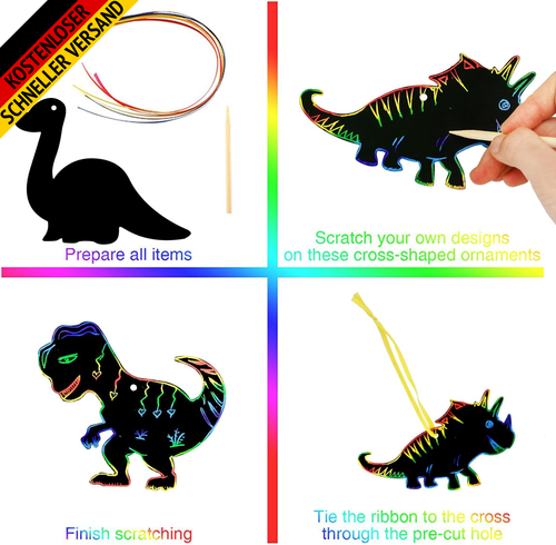 12 Stück Dinosaurier Kratzbilder Für Kinder,Tier Kratzpapier Scratch Art Mit Hol - Bild 3 von 5