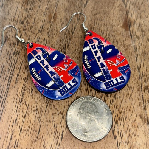 NFL Buffalo Bills Pendientes Colgantes Lágrima Azul Rojo NY Mujeres Recuerdo Fútbol - Imagen 3 de 4
