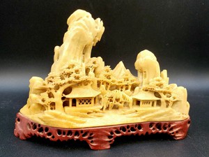 VINTAGE CHINESE SOAPSTONE HAND CARVED LANDSCAPE WITH MOUNTAINS, TREES, HOUSES!