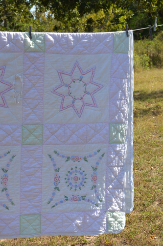 Vintage Hand embroidered Quilt Hand Stitched 92x94" Cottons STACKER - Picture 10 of 16