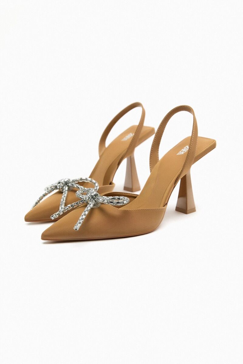 Zara Beige Heeled Slingback Shoes With Embellished Bow 2248 Zara Beige Heeled Slingback Shoes With Embellished Bow 2248