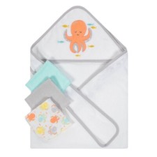 4-piece Baby Neutral Octopus Hooded Bath Towel and Washcloth Set