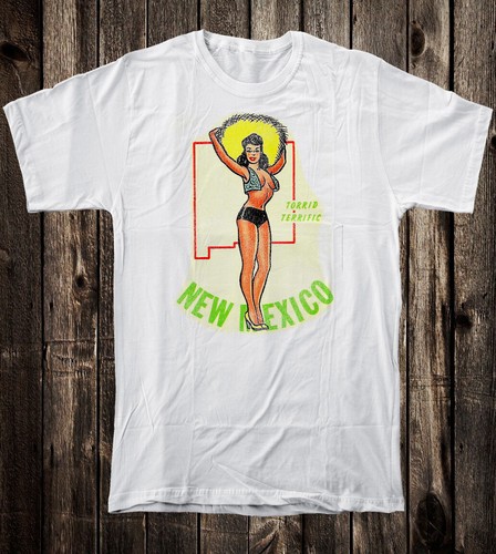 Retro Travel Tee T Shirt Vtg Cowgirl Art Tourist New Mexico State Pin Up Girl - Picture 5 of 7