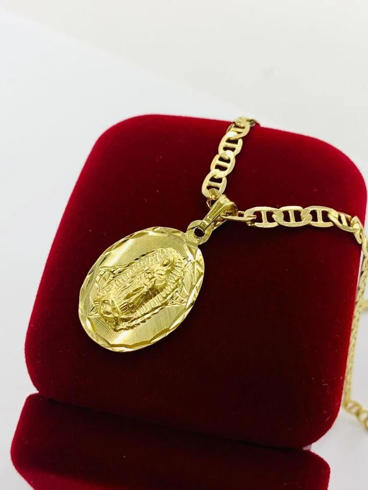 14K Gold Filled Virgen de Guadalupe Charm Necklace for Mens MAriner Chain 24" - Image 2 of 4