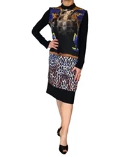 SPACE STYLE CONCEPT ITALY BLACK  DRESS SILK PANEL  COLLARED LONG SLEEVE 40 S/M