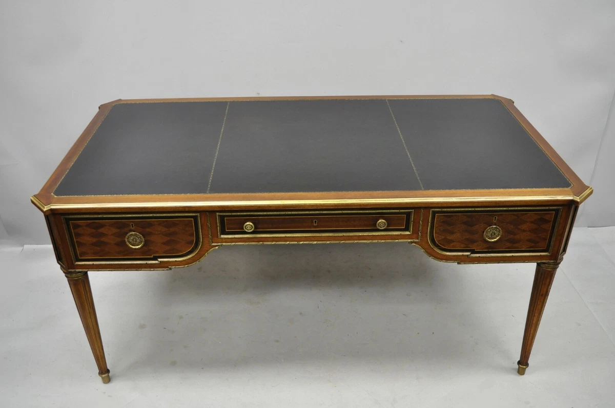 French Louis XVI Black Leather Top Bureau Plat Desk by Sim n Loscertales Bona