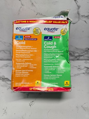 Equate Daytime & Nighttime Severe Cold & Cough Relief 12 Powder Packets Exp 6/25