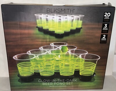 NIB Glow-in-the-Dark Beer Pong Set 20 Cups 3 Balls 2 Racks by Blksmith (11531)