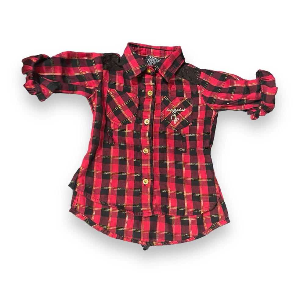 Top túnica con botones Baby Phat bebé niña 18 meses rojo a cuadros informal academia Y2K Foto 2 de 4