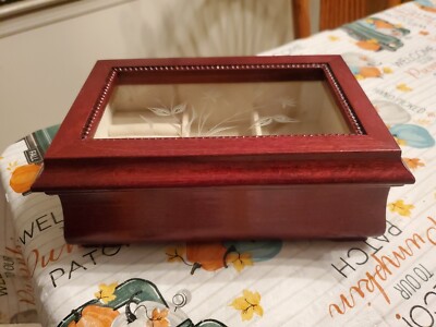 Small Bombay Style Mahogany Jewelry Chest 4 Compartment  Floral Etched Glass Top