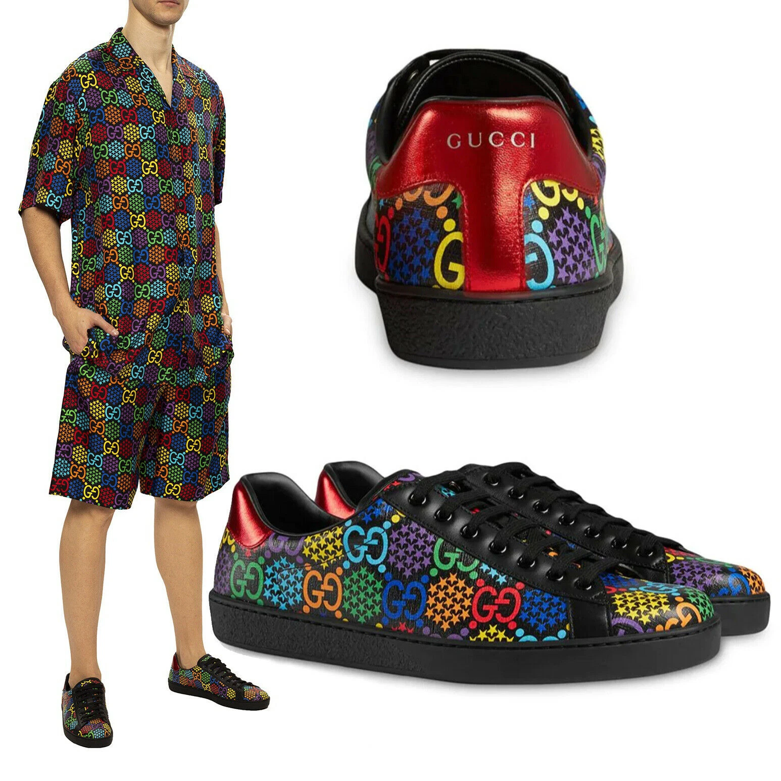 BASKETS GUCCI PSYCHÉDÉLIQUE ACE GG LOGO SUPRÊME TOILE CUIR CHAUSSURES 7G 7,5