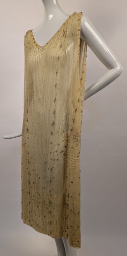FLAPPER 1920’S GLASS BEADED YELLOW SILK CHIFFON DRESS W LAME EMBROIDERED STITCH - Picture 5 of 10