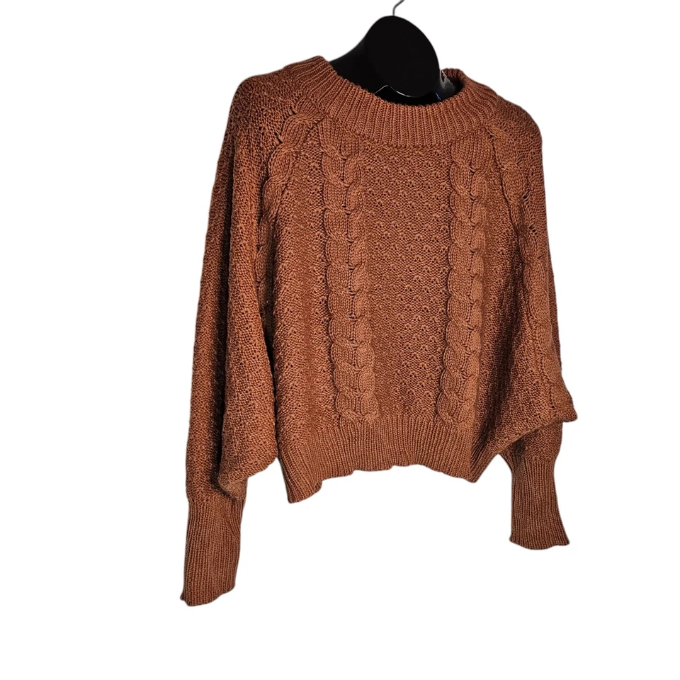 Moon & Madison Size L Crop Cable Knit Balloon Sleeve Brown Women's Sweater Top - Image 3 of 4