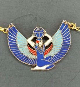 Authentic Egyptian Winged Goddess Isis Gold Plated with Vibrant Enamel Pendant & Necklace