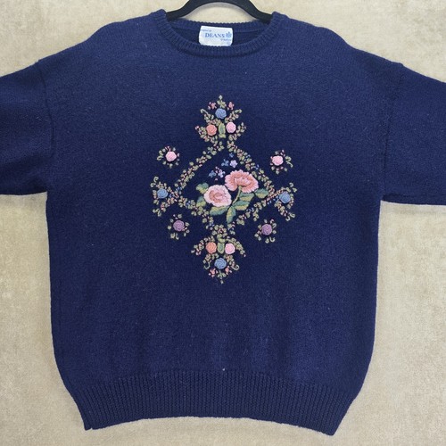 Deans Of Scotland 100% Wool Womens Blue Sweater W/ Floral Needlepoint Size Xl - Picture 10 of 23