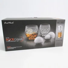 Final Touch Rock Glass 5 Piece Hand Cut Whiskey Set Measuring Jigger Ice Molds