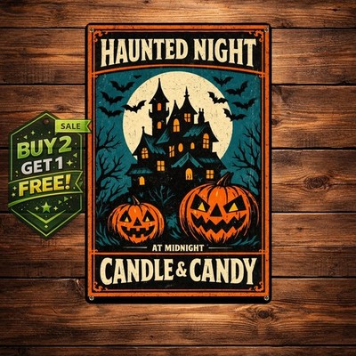 Haunted House Full Moon Spooky Halloween Scene Metal Wall Plaque 8x12
