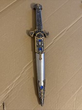 Decorative Ornate Dirk Dagger with Sheath, Silver Gold Tone, Blue Accents