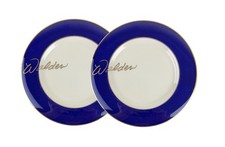 2 Mayer China 11" Dinner Plates Blue Ring Ivory Center "Walden" in Gold Script