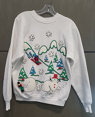 Vtg Holiday 3D Yarn Dolls skiing Winter Wonderland Womens Sweatshirt Size S USA