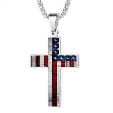 Tioneer Stainless Steel Cross American Flag 24 inch Box Chain