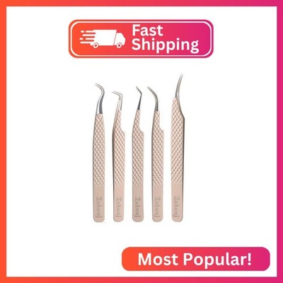 ZAHWAJ Fiber Tip Lash Tweezers - Set of 5 Diamond Grip Eyelash Extension Tweezer