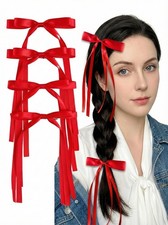 Red Hair Bow Clip for Girls  Women, Satin Ribbon Bows with Long Tails, Aesth...