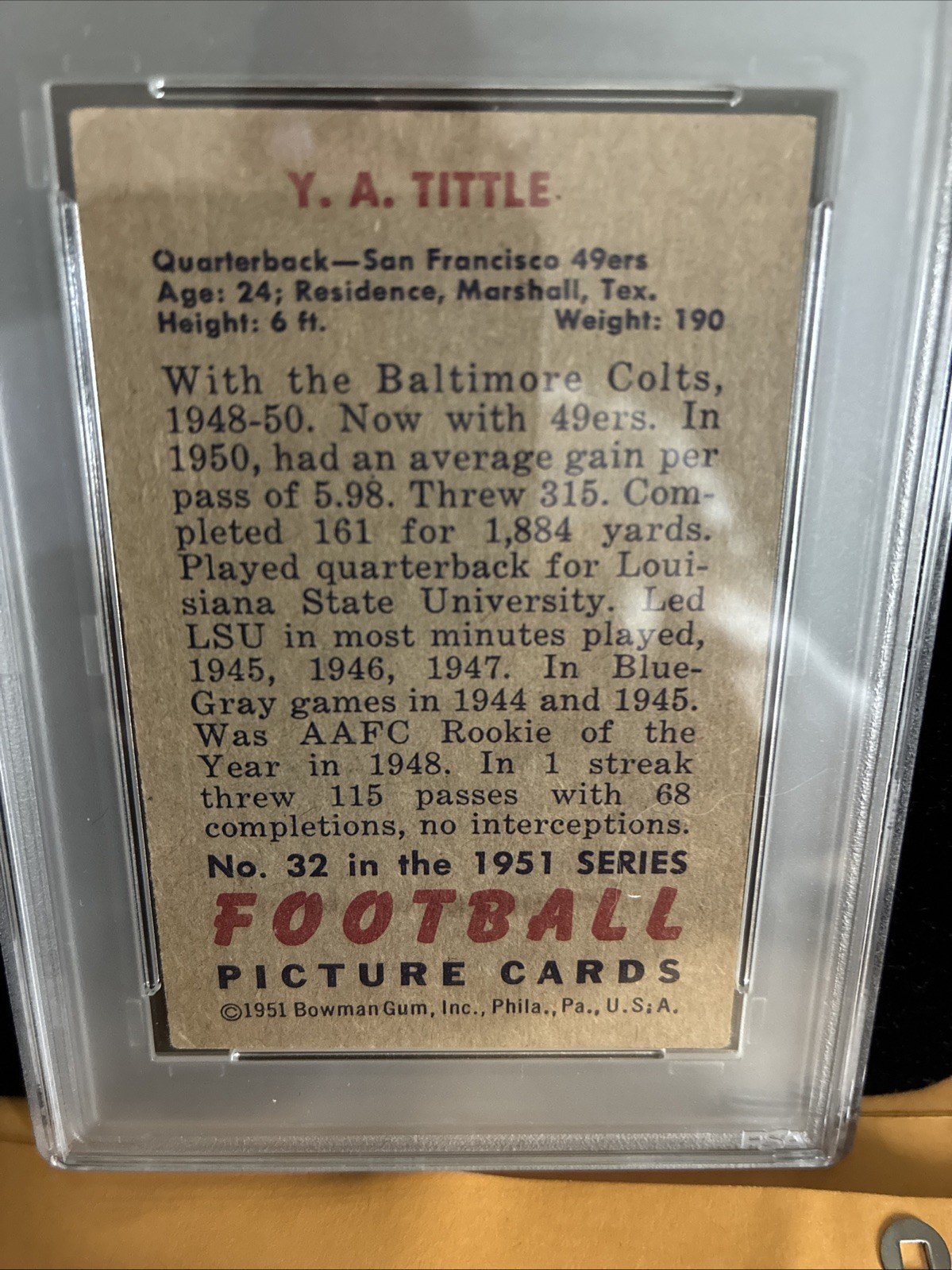 1951 Bowman Y.A. Tittle #32 – PSA 3 VG – Vintage Football Hall of Fame view 8