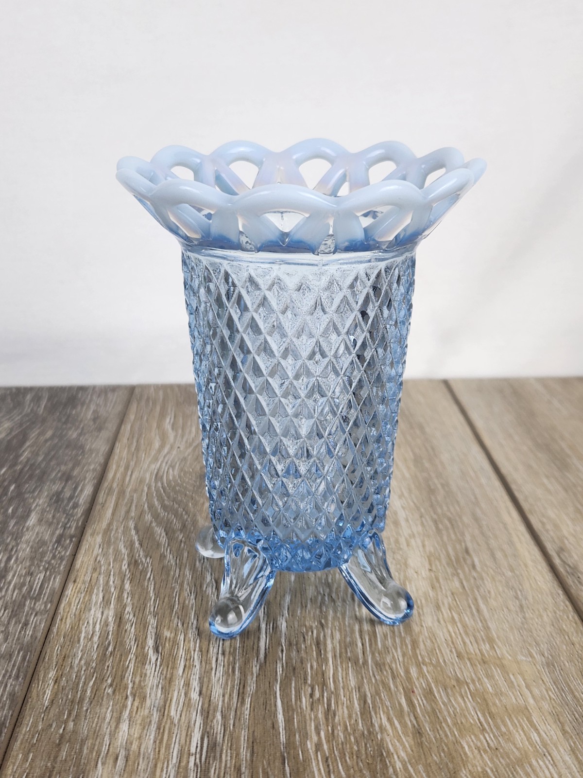 Imperial Katy Blue Opalescent Glass Diamond Point Lace Edge Footed  Bud Vase -5