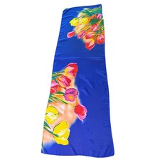 Vintage Blue Floral Tulip Print Silk Scarf Long Rectangular Wrap 60x19