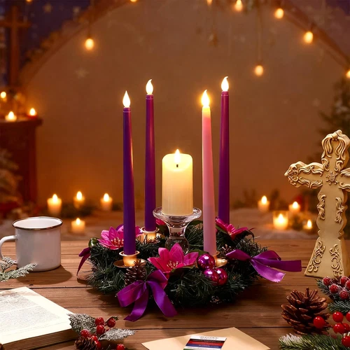 7 Pcs Christmas Advent Wreath Candle Holder 5 Flameless Candle Set - product listing photo