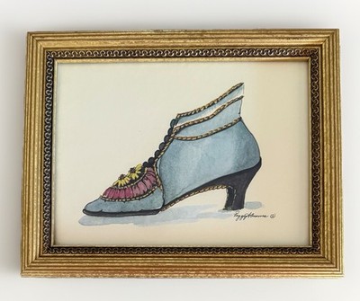 Vintage Peggy Abrams Victorian Shoe Watercolor Print in Gold Wood Frame