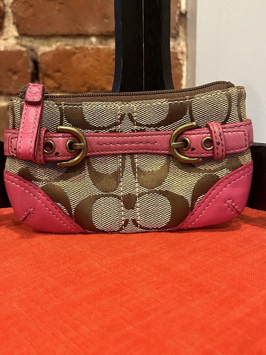 Coach Signature Canvas Wristlet Wallet – Pink Leather Trim Buckle