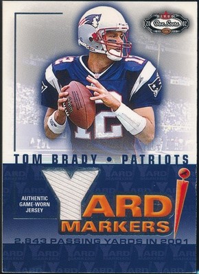 2002 FLEER  BOX SCORE TOM BRADY YARD MARKERS DUAL GAME USED JERSEY CARD /100