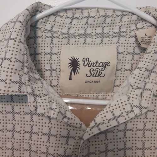 Vintage Silk Adult Mens L 100% Silk White Geometric Short Sleeve Button Up Shirt - Picture 4 of 8