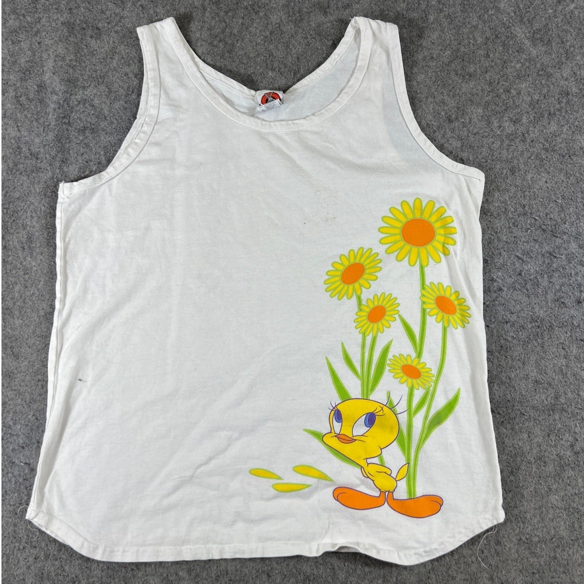 Vintage 90s Looney Tunes Tweety Bird Tank Top Womens Medium White Sunflowers USA