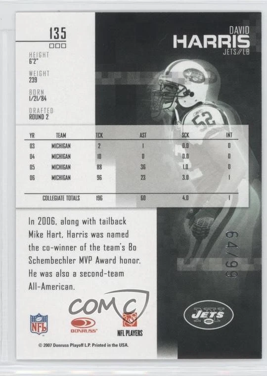 2007 Leaf Rookies & Stars Longevity Rookie Sapphire /99 David Harris #135 RC - Image 2 of 2