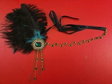 Glamorous 1920s Flapper Style Headband Black Feathers Emeralds Pearls Tie Ribbon